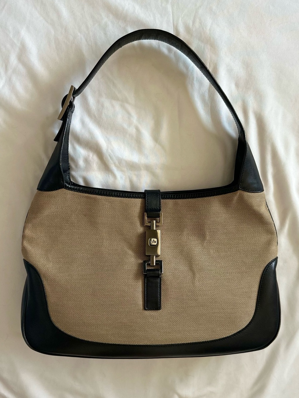 Gucci Beige Canvas Shoulder Bag with Black Brown Leather Trim